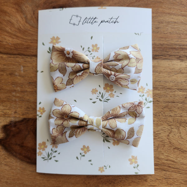 2 Mini Hair Bows- Brown Floral