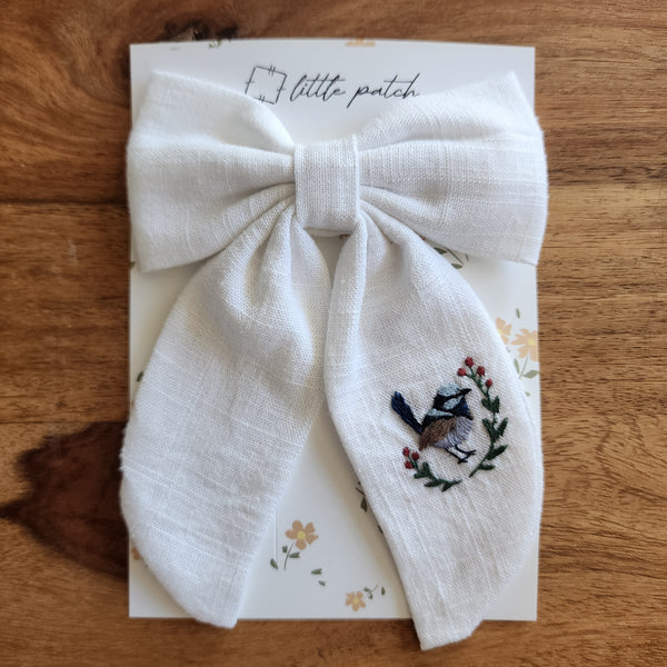 Embroidered Hair Bow- Wren