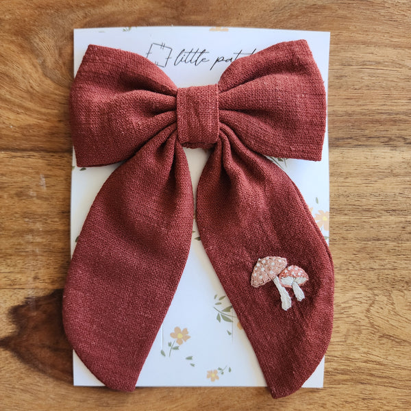 Embroidered Hair Bow- Mushrooms