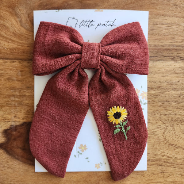 Embroidered Hair Bow- Sunflower