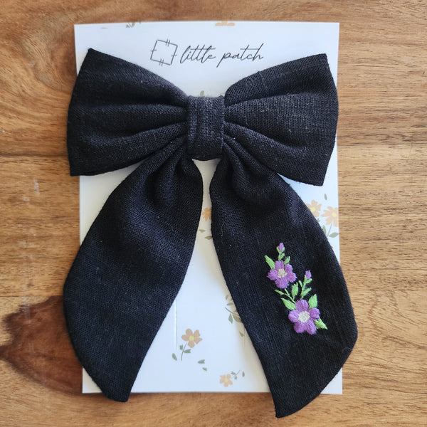 Embroidered Hair Bow- Purple Flowers